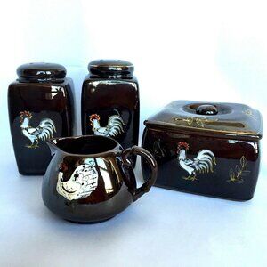 Rooster Salt Pepper Creamer Sugar Bowl With Lid Brown Glaze VTG Painted Chicken